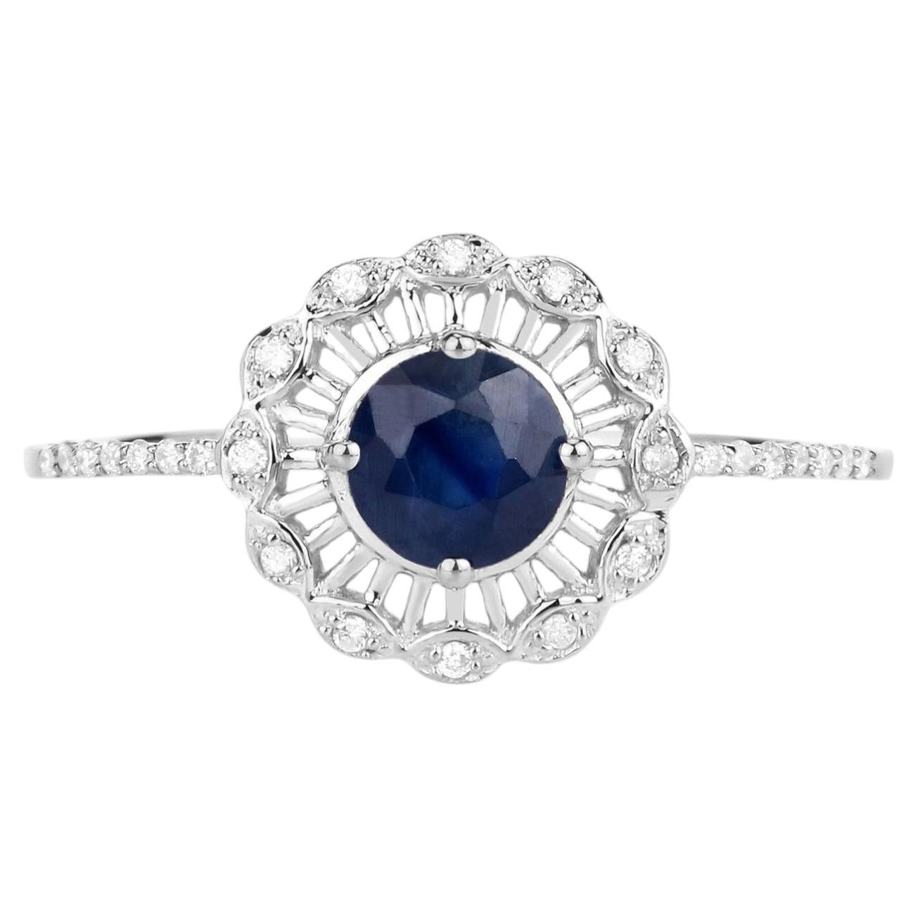 Blue Sapphire Ring With Diamonds 0.7 Carats 14K White Gold