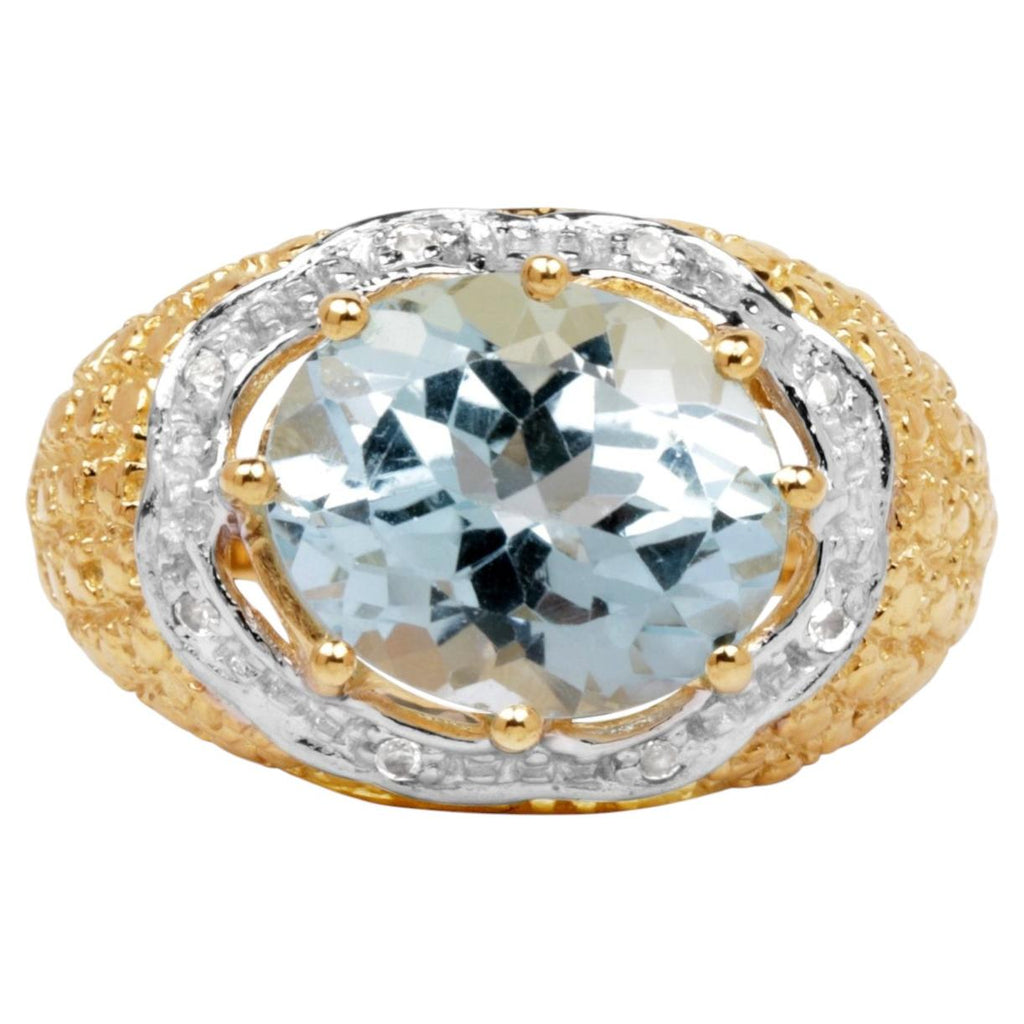 Blue Topaz Ring With White Topaz 5.24 Carats Gold Plated Silver