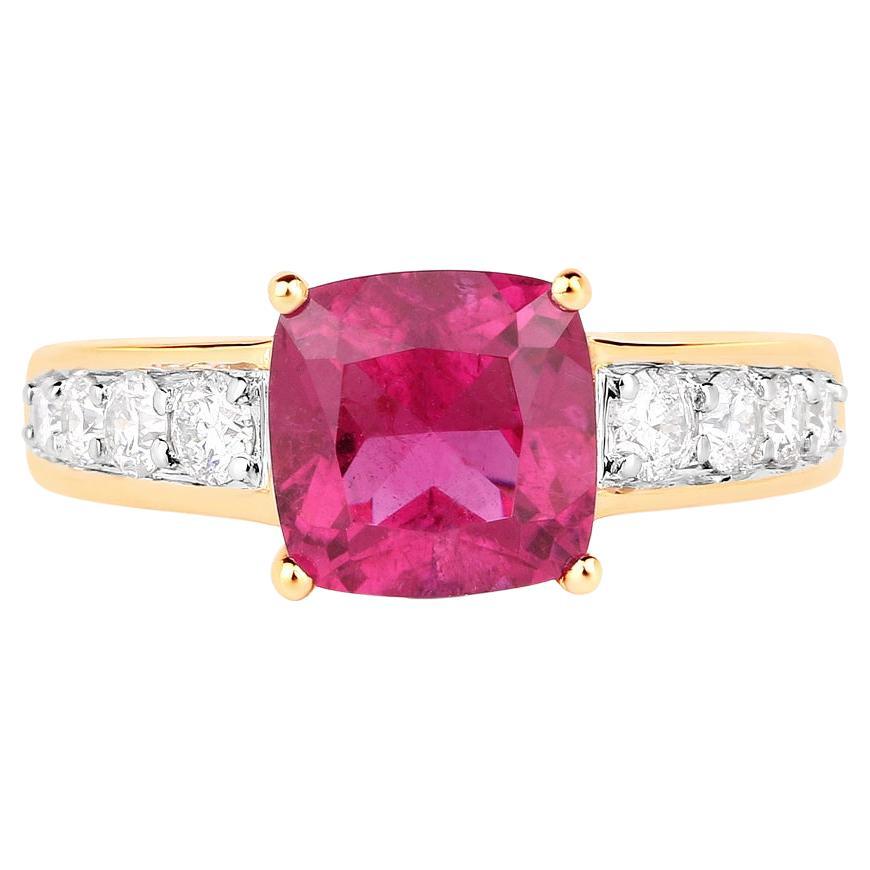 Natural Rubellite Ring With Diamonds 2.6 Carats 14K Yellow Gold