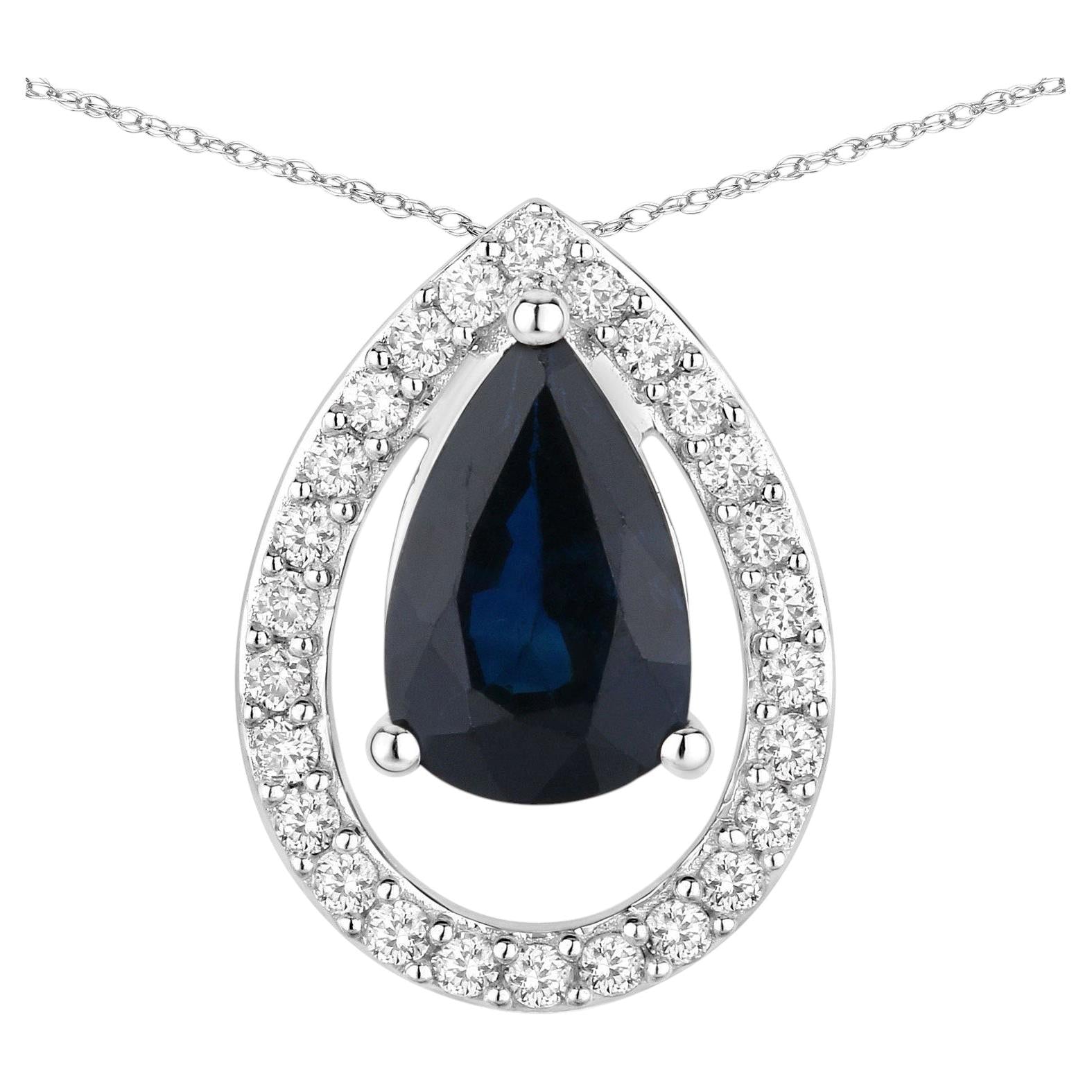 Blue Sapphire Pendant With Diamonds 1.12 Carats 14K White Gold