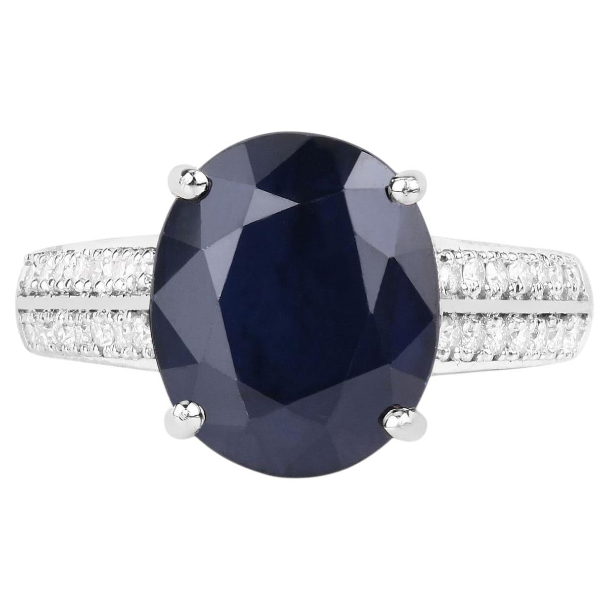 Blue Sapphire Ring With Diamonds 6.46 Carats 14K White Gold