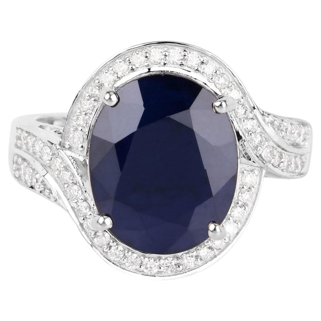 Blue Sapphire Ring With Diamonds 6.5 Carats 14K White Gold