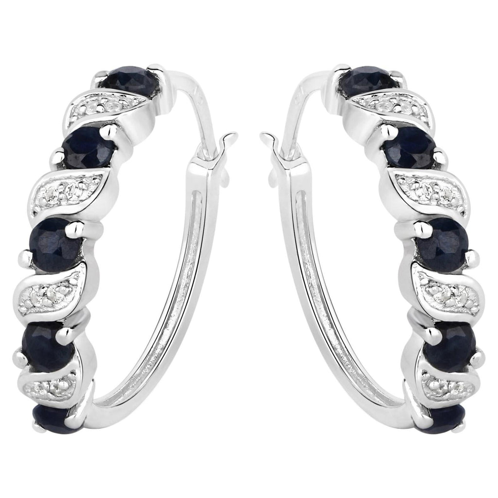 Blue Sapphire Hoop Earrings With White Topaz 1.24 Carats Sterling Silver
