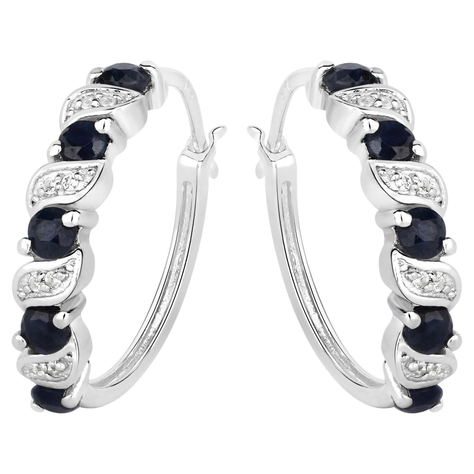 Blue Sapphire Hoop Earrings With White Topaz 1.24 Carats Sterling Silver