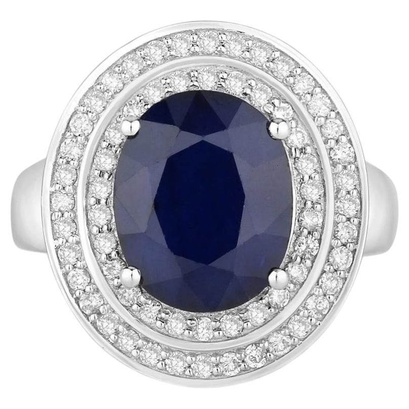 Blue Sapphire Ring With Diamonds 4.78 Carats 14K White Gold