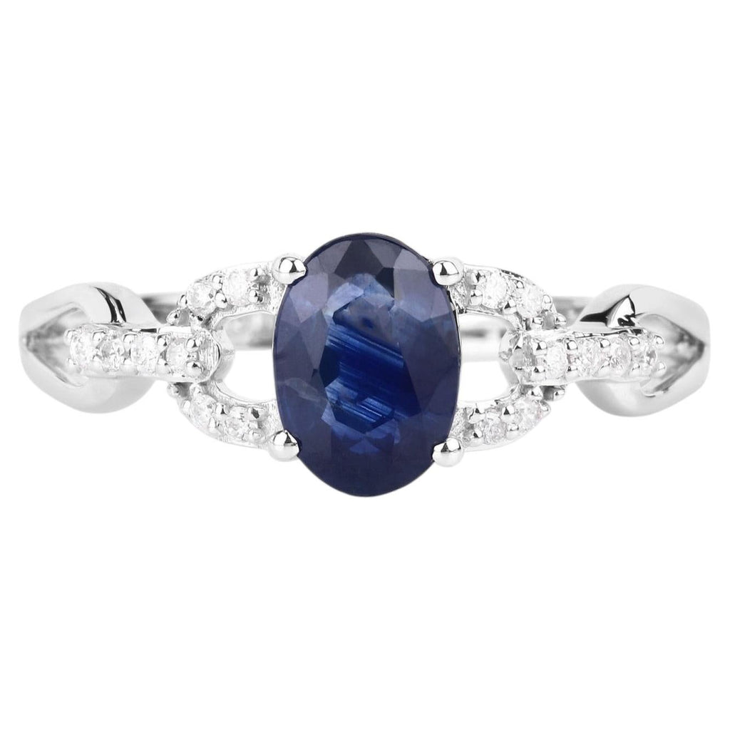 Blue Sapphire Ring With Diamonds 1.1 Carats 14K White Gold