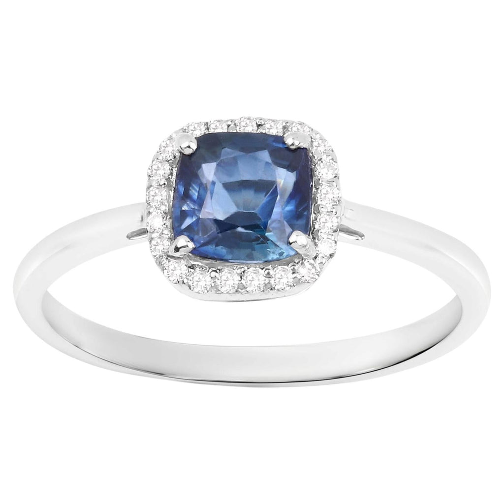 Blue Sapphire Ring With Diamonds 1.12 Carats 14K White Gold