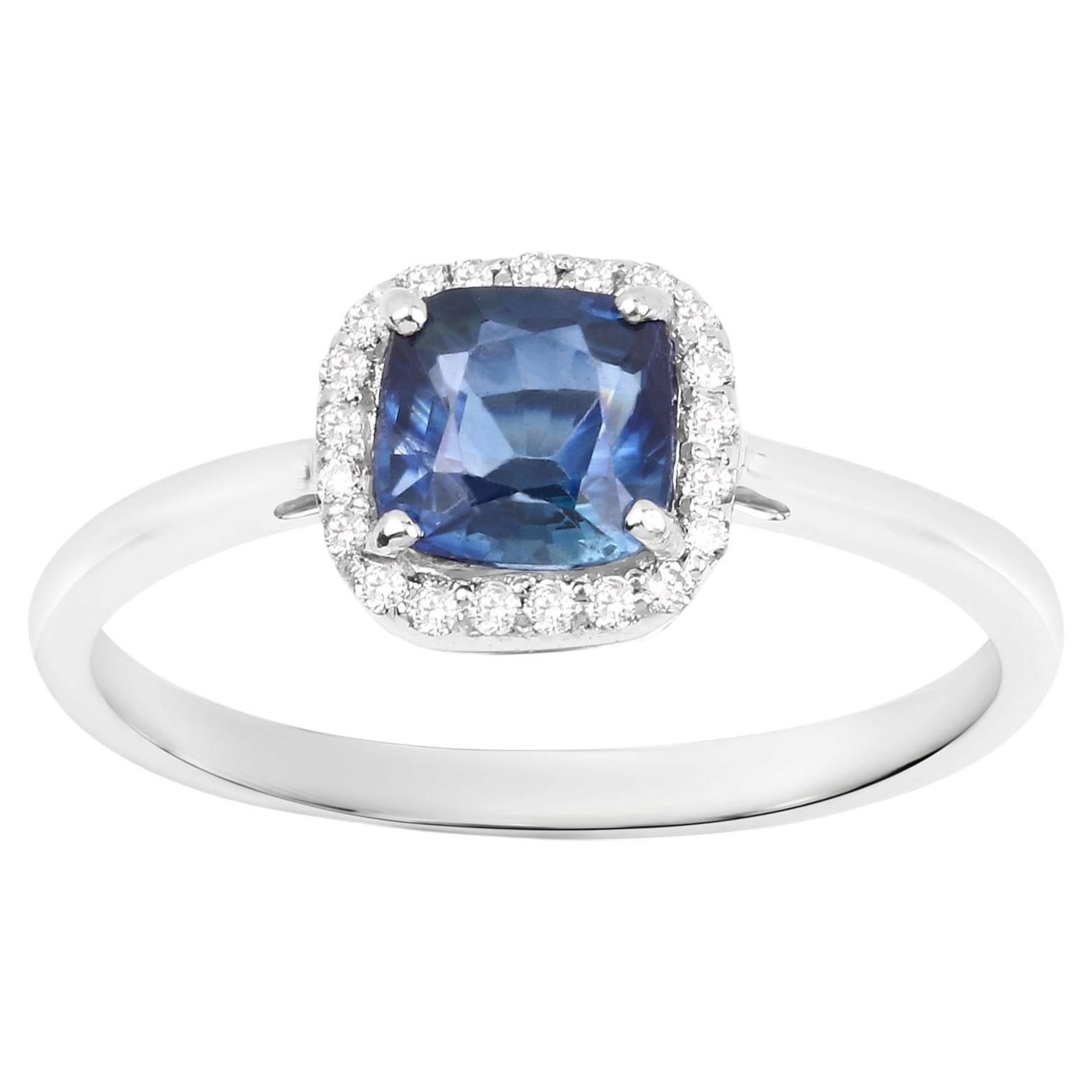 Blue Sapphire Ring With Diamonds 1.12 Carats 14K White Gold