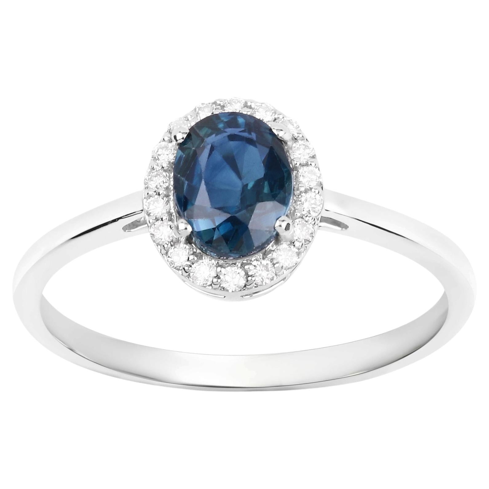 Blue Sapphire Ring With Diamonds 1.18 Carats 14K White Gold