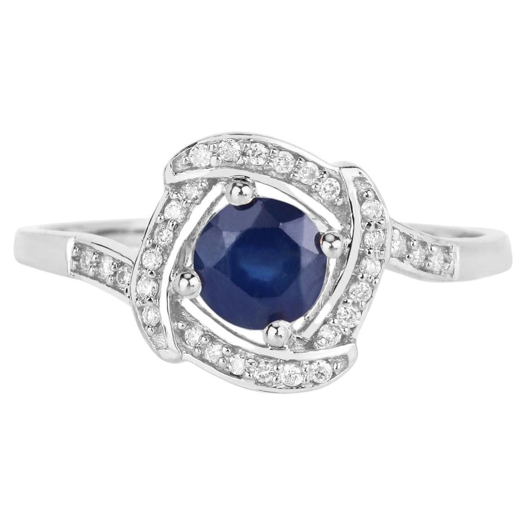 Blue Sapphire Ring With Diamonds 0.7 Carats 14K White Gold