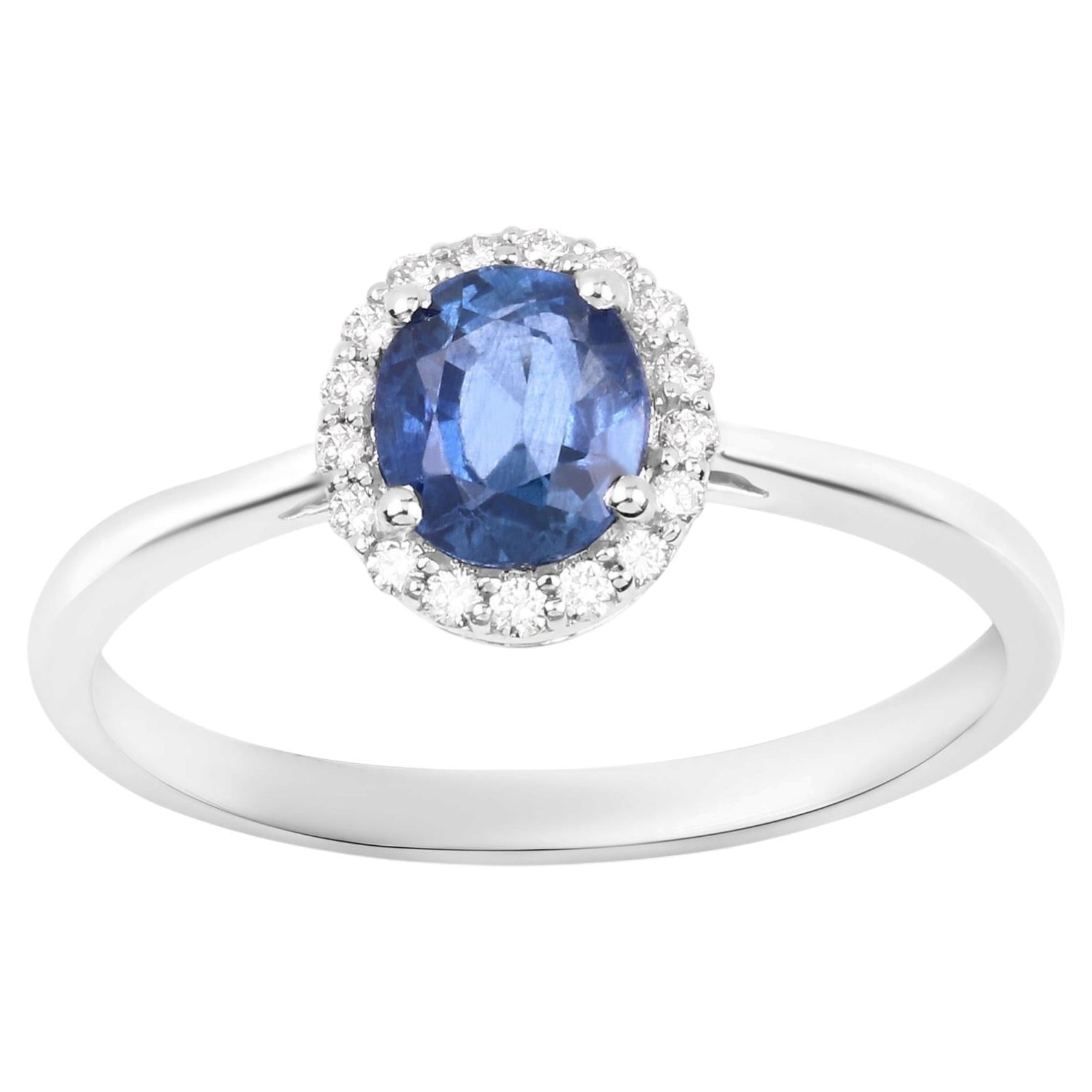 Blue Sapphire Ring With Diamonds 1.04 Carats 14K White Gold