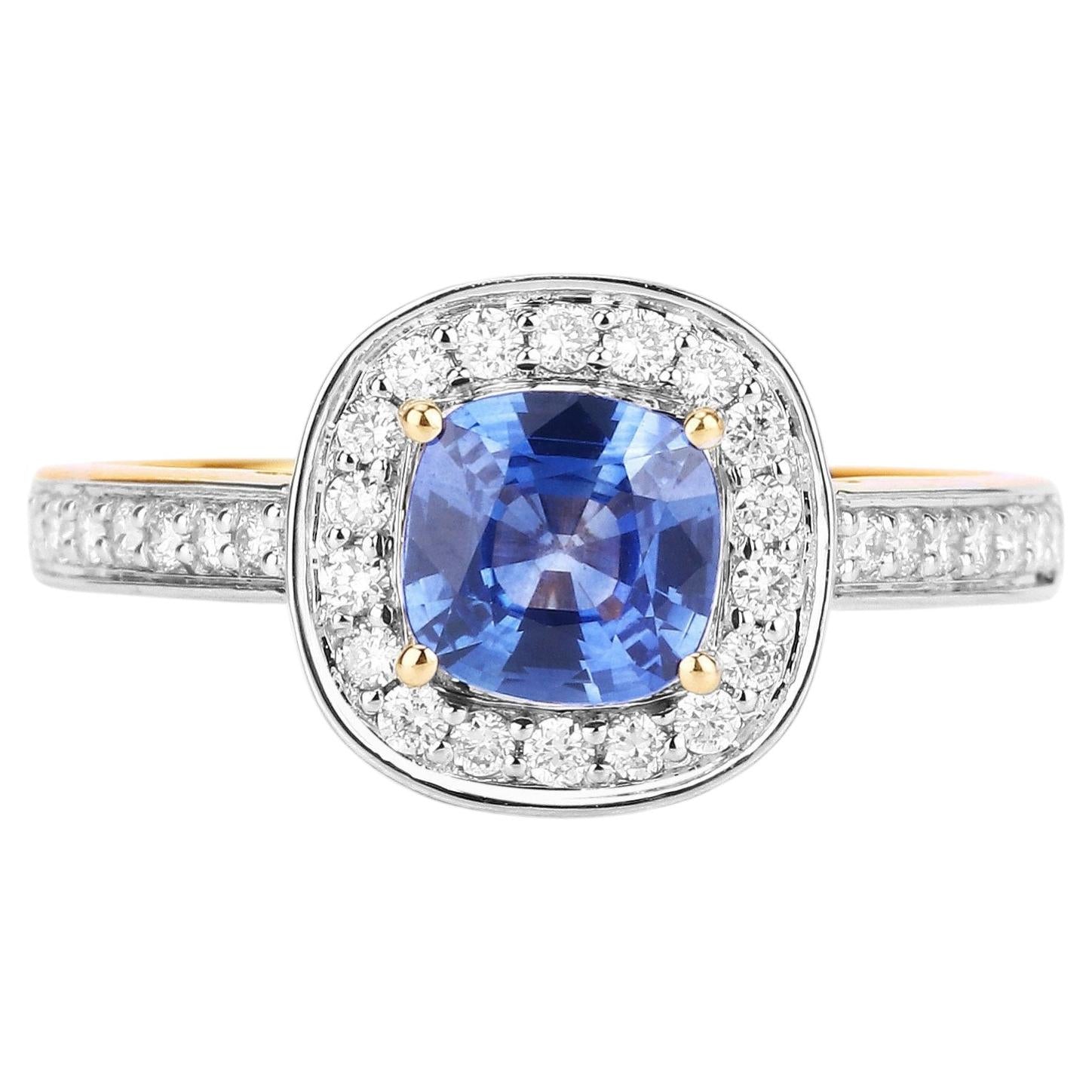 Blue Sapphire Ring With Diamonds 1.28 Carats 18K Yellow Gold