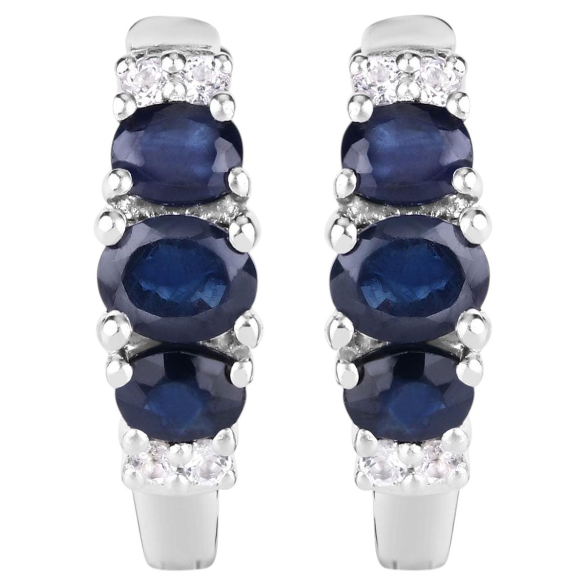 Blue Sapphire Earrings With White Topaz 1.6 Carats Sterling Silver