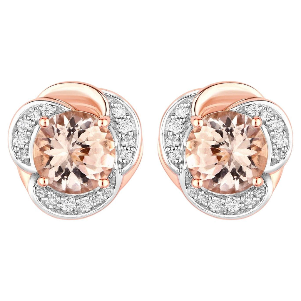 Morganite Flower Stud Earrings With Diamonds 2.14 Carats 14K Rose Gold