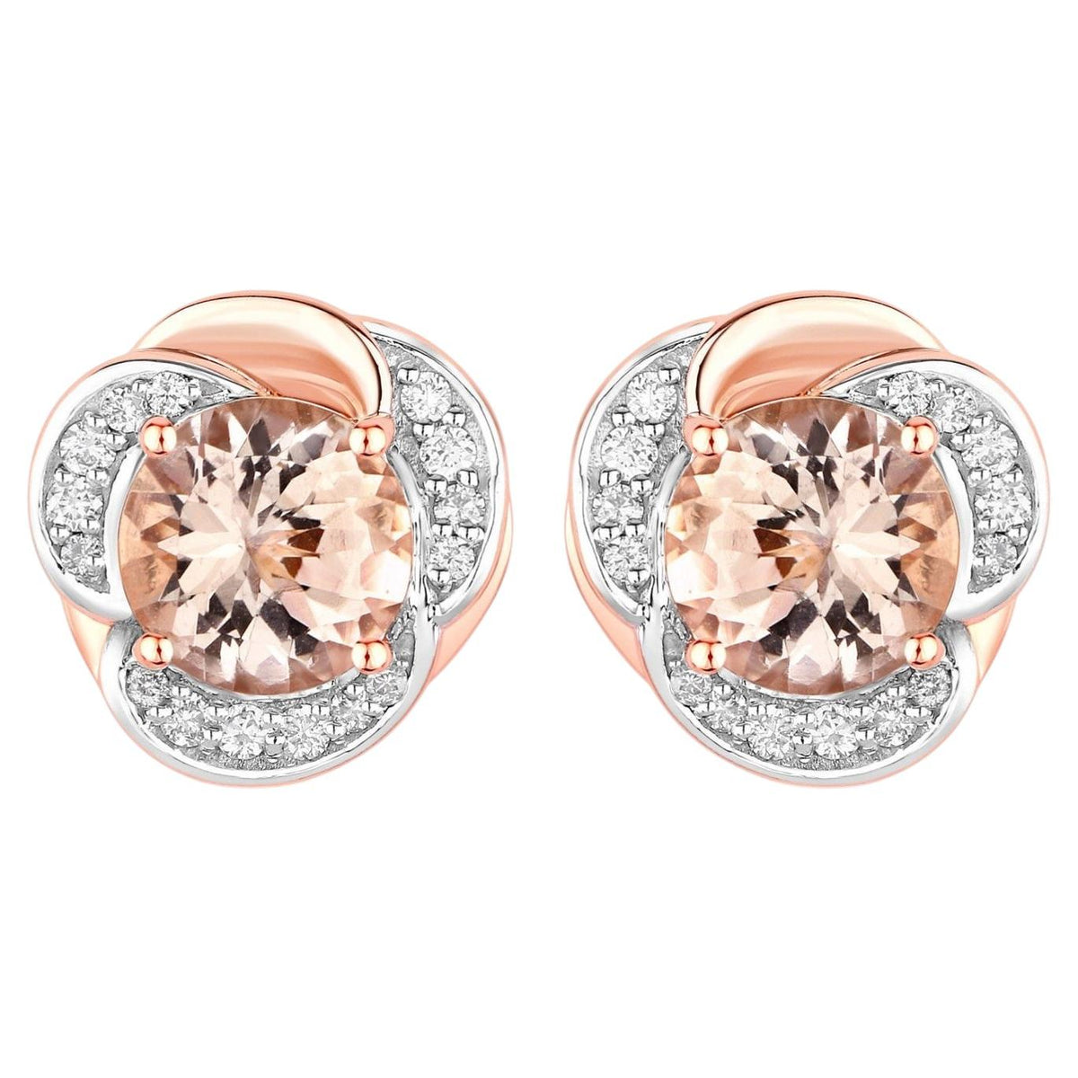 Morganite Flower Stud Earrings With Diamonds 2.14 Carats 14K Rose Gold