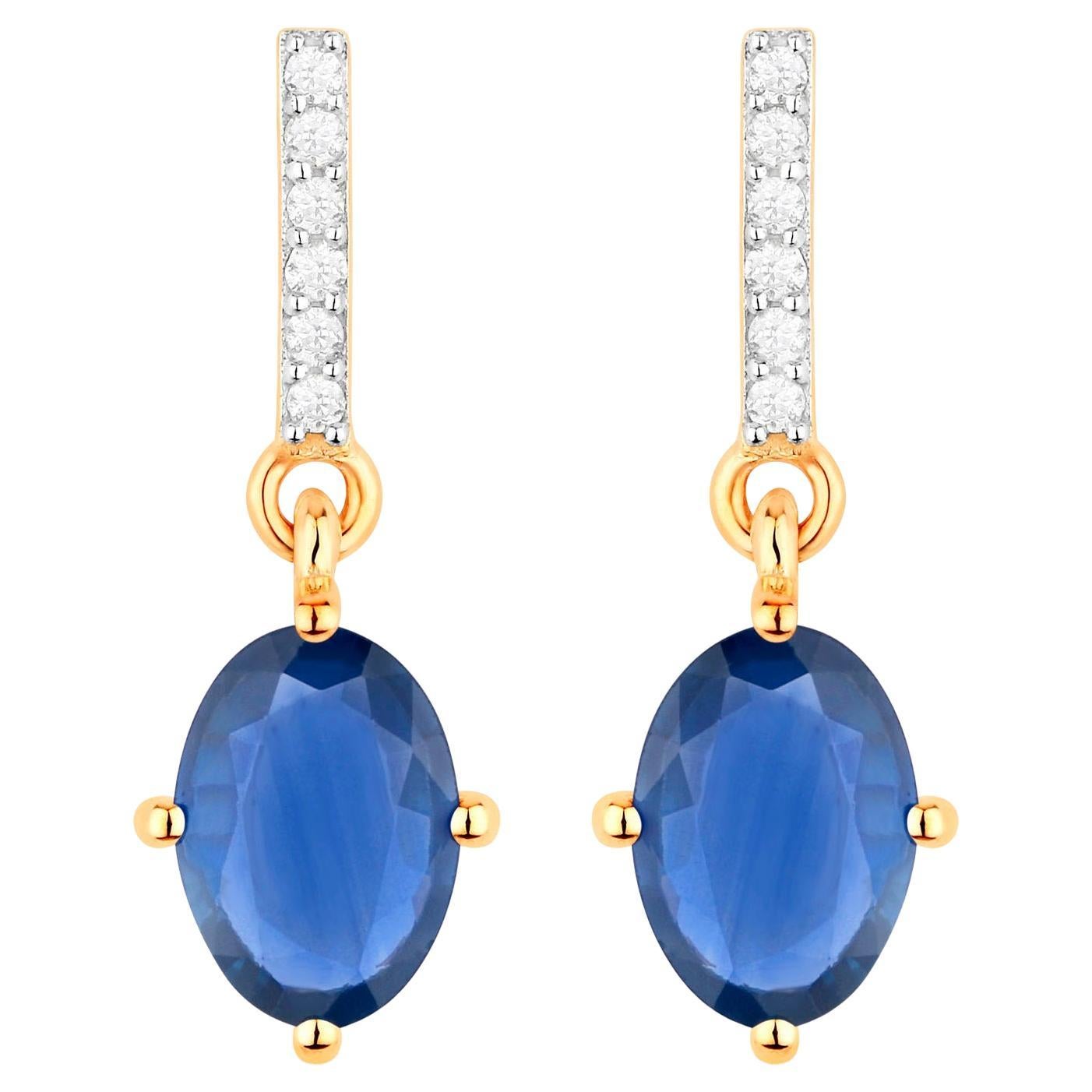 Natural Blue Sapphire Earrings With Diamonds 1.92 Carats 14K Yellow Gold