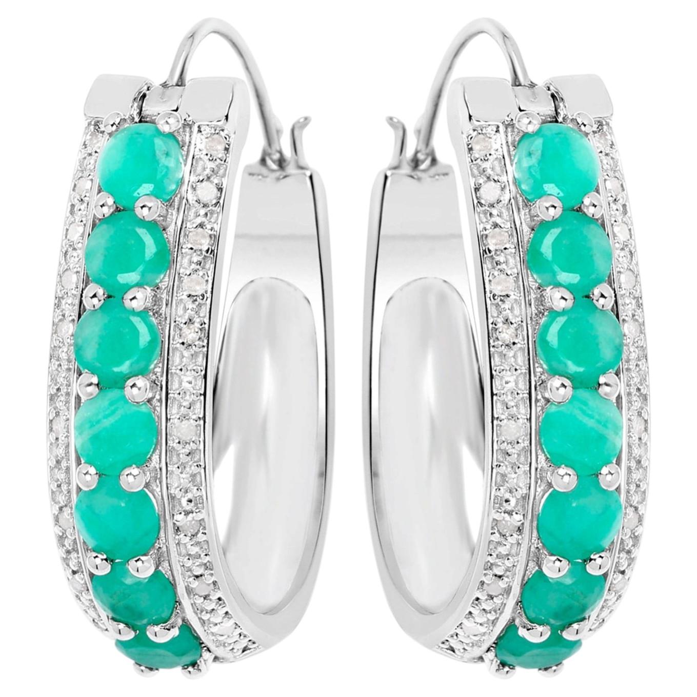 Natural Emerald Hoop Earrings With Diamonds 3.38 Carats Sterling Silver