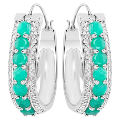 Natural Emerald Hoop Earrings With Diamonds 3.38 Carats Sterling Silver