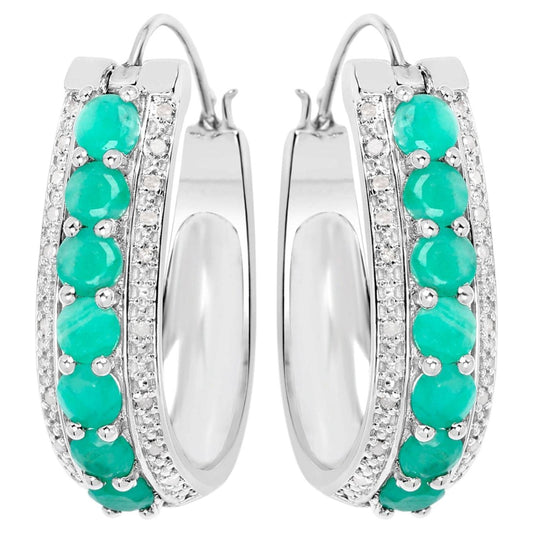 Natural Emerald Hoop Earrings With Diamonds 3.38 Carats Sterling Silver