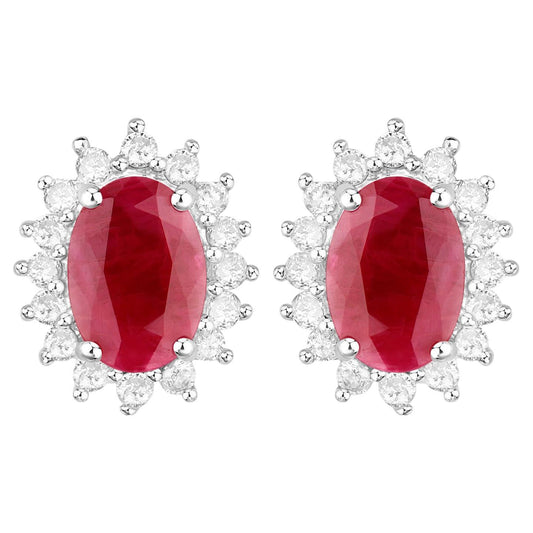 Ruby Earrings Halo Diamonds 2 Carats 14K White Gold