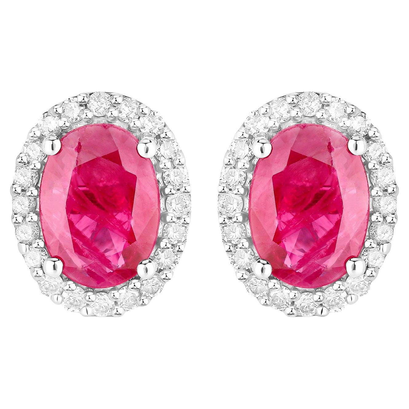 Ruby Earrings Diamonds 1.95 Carats 14K White Gold