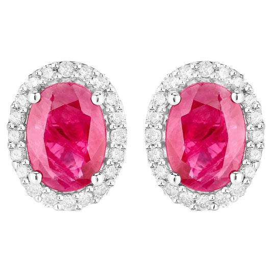 Ruby Earrings Diamonds 1.95 Carats 14K White Gold