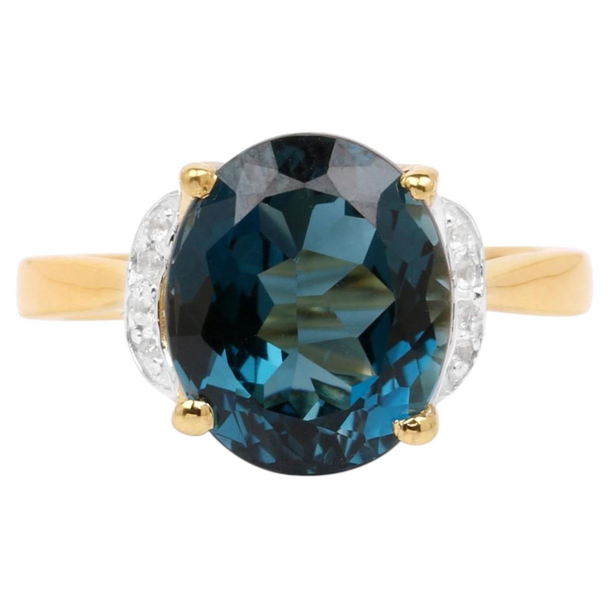 London Blue Topaz Ring With Diamonds 6.06 Carats Gold Plated Silver