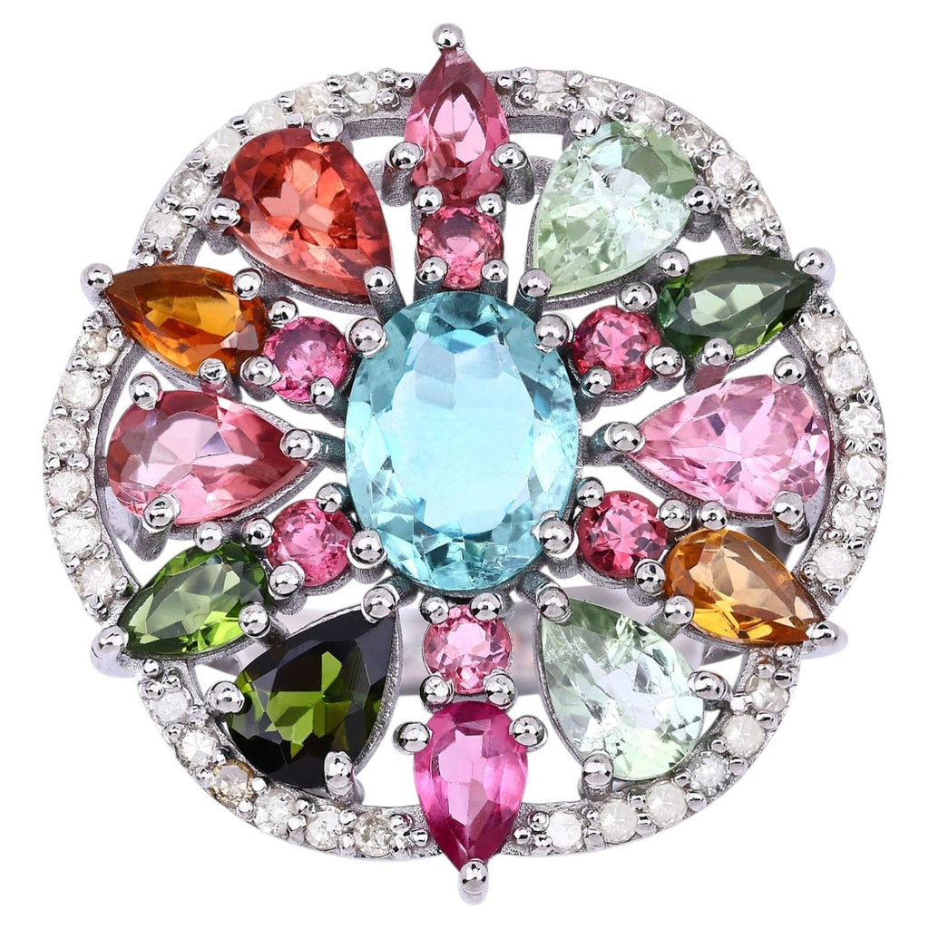 Multicolor Tourmaline Ring With Diamonds 5.1 Carats Sterling Silver