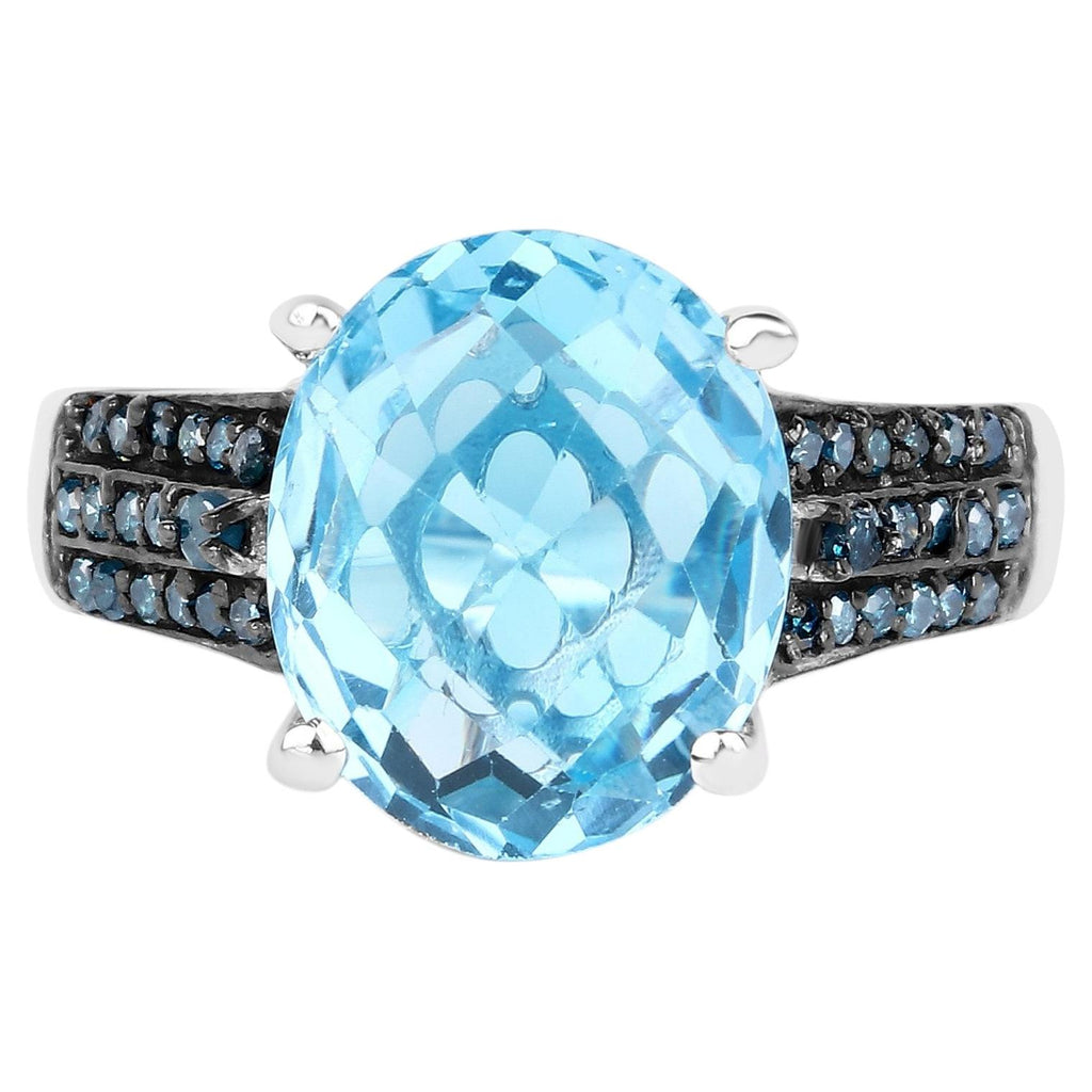 Swiss Blue Topaz Ring With Blue Diamonds 5.48 Carats Sterling Silver