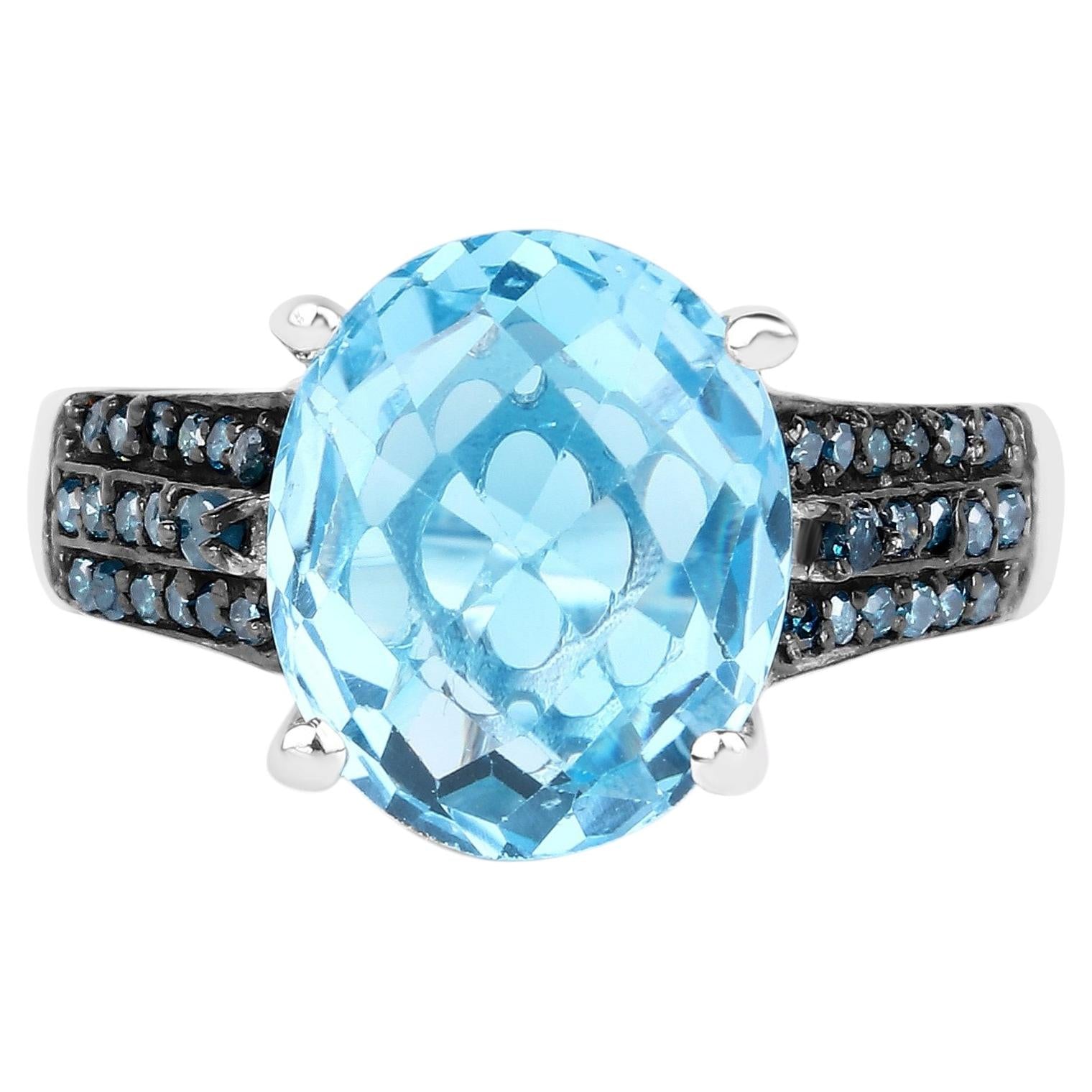 Swiss Blue Topaz Ring With Blue Diamonds 5.48 Carats Sterling Silver