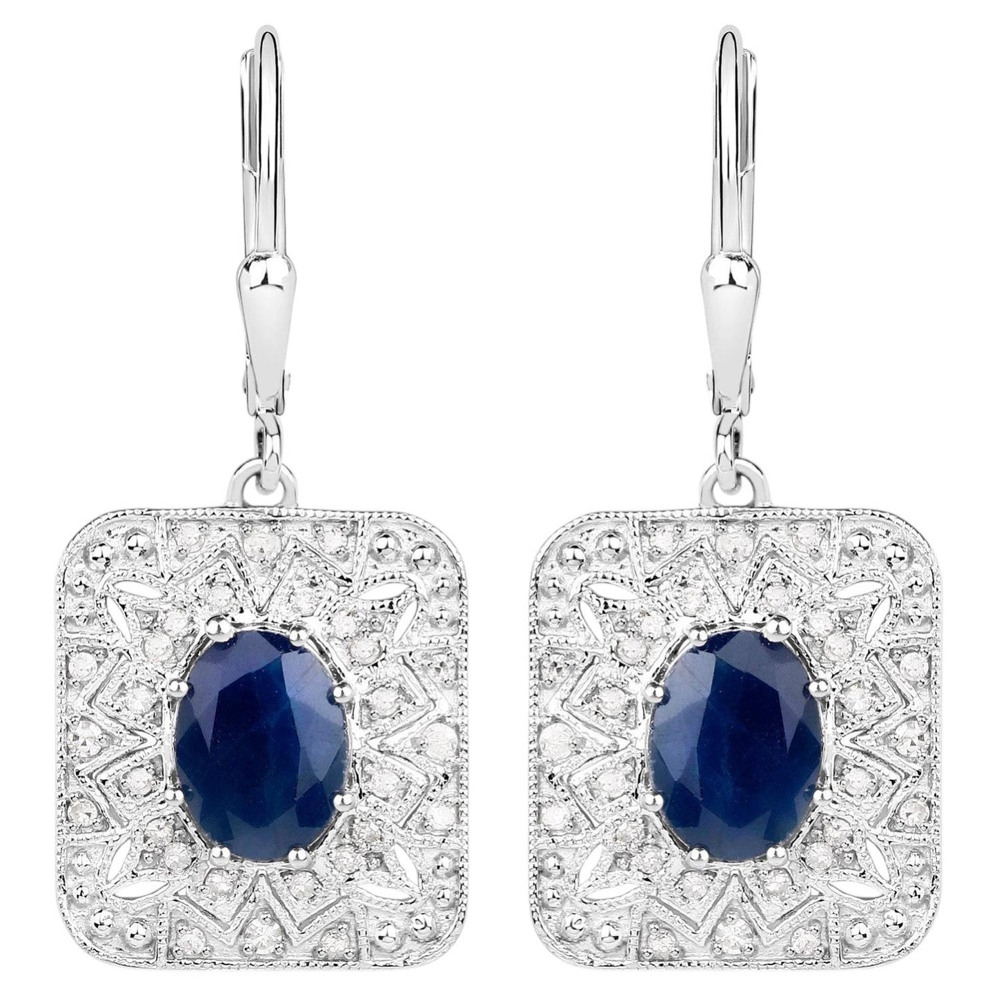 Natural Blue Sapphire Earrings With Diamonds 3.32 Carats Sterling Silver