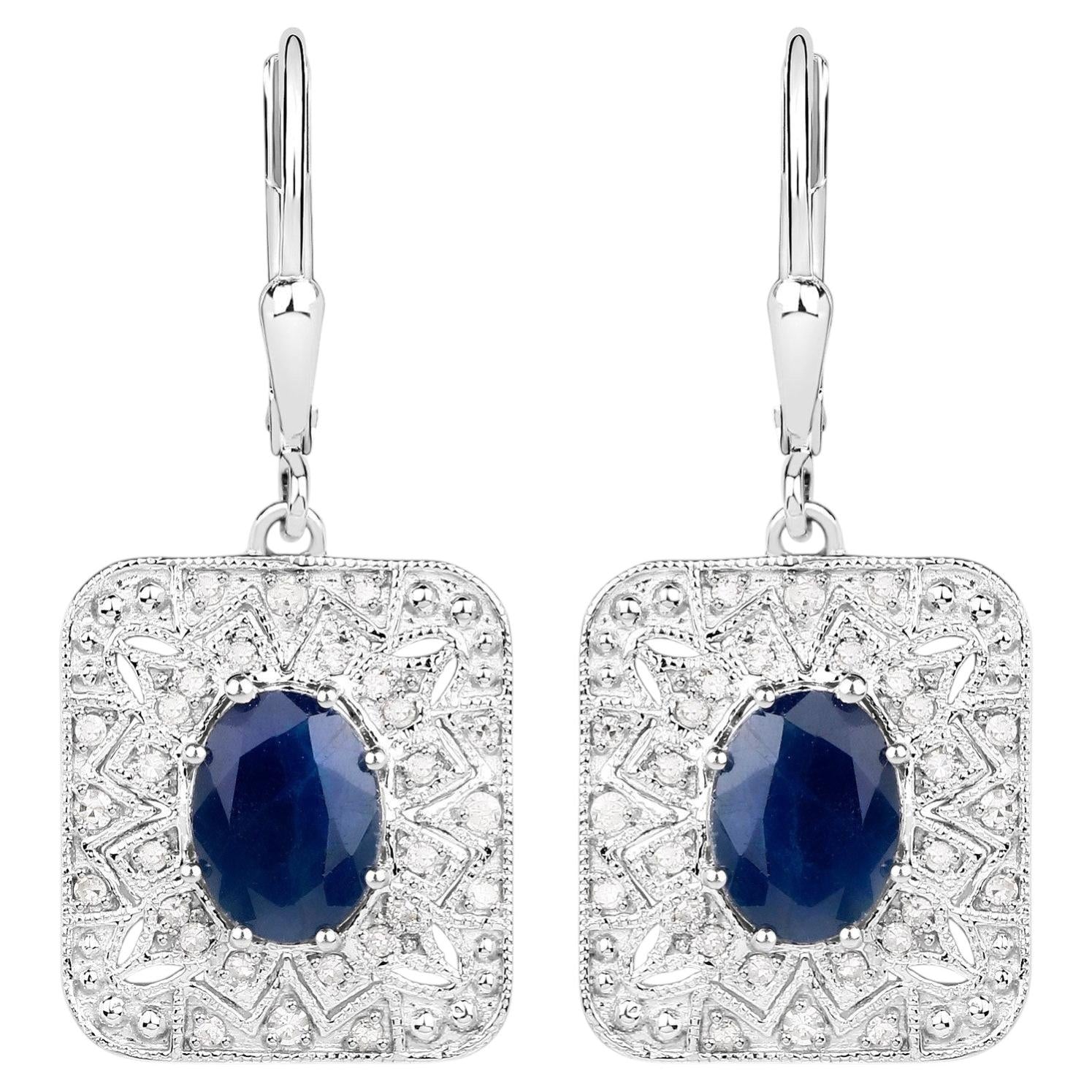 Natural Blue Sapphire Earrings With Diamonds 3.32 Carats Sterling Silver