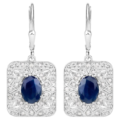 Natural Blue Sapphire Earrings With Diamonds 3.32 Carats Sterling Silver
