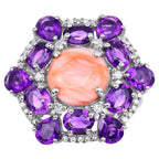 Pink Coral Ring With Amethyst 6.08 Carats Sterling Silver