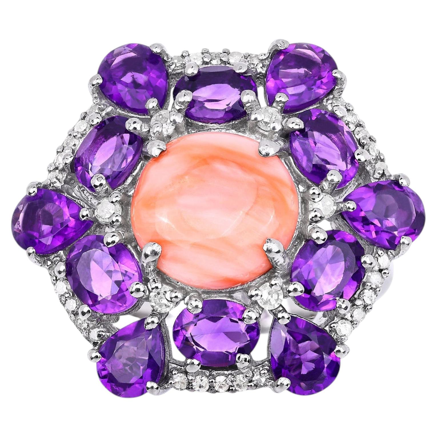 Pink Coral Ring With Amethyst 6.08 Carats Sterling Silver