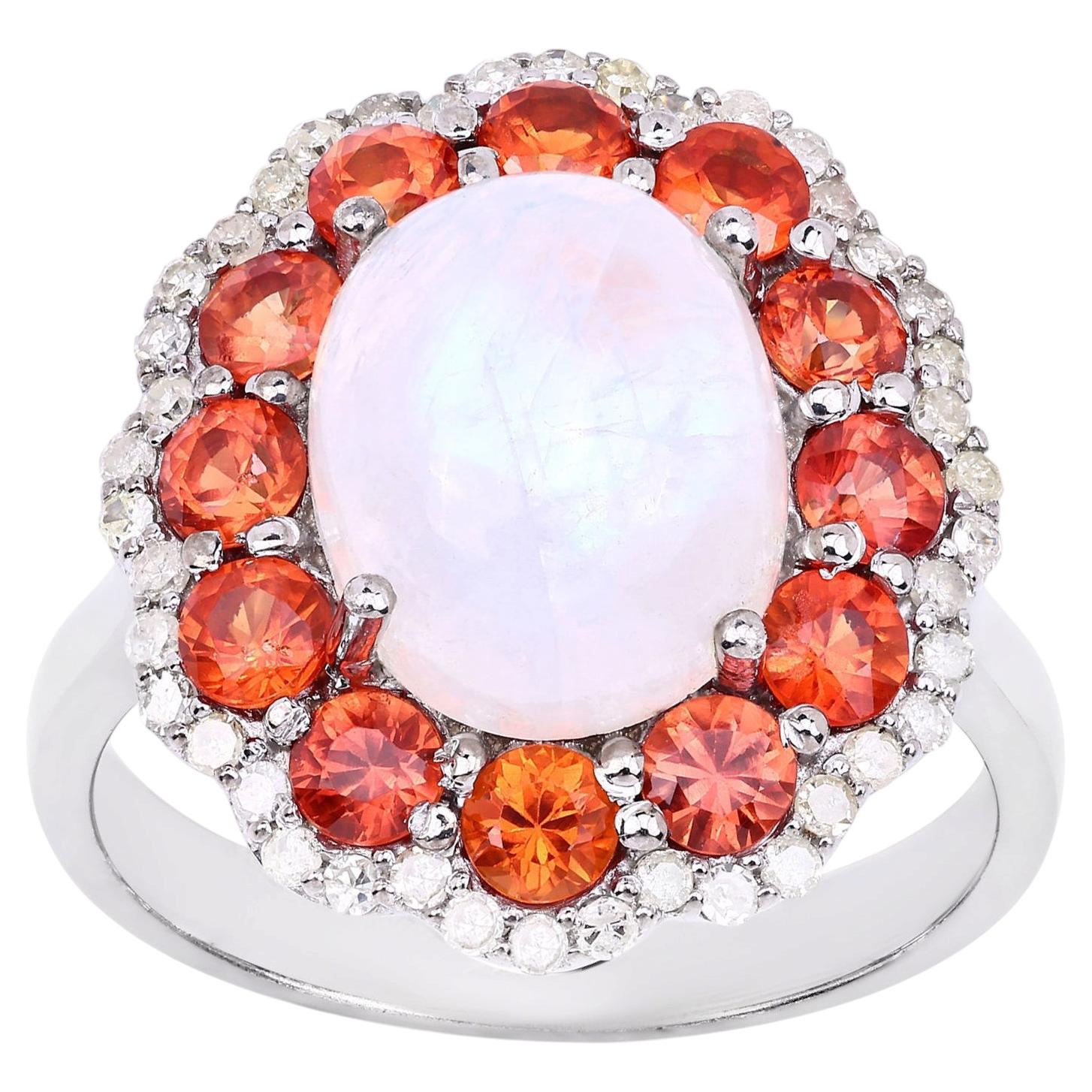 Moonstone Ring With Spessartite Garnet 6.32 Carats Sterling Silver