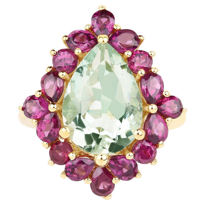 Green Amethyst Ring Rhodolites 7.1 Carats 14K Yellow Gold Plated Silver