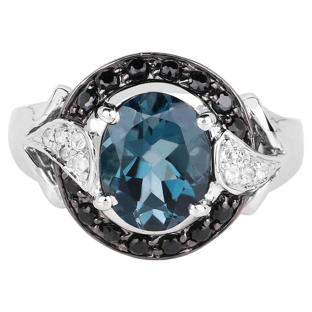 London Blue Topaz Ring With Black Spinel 4.22 Carats Sterling Silver