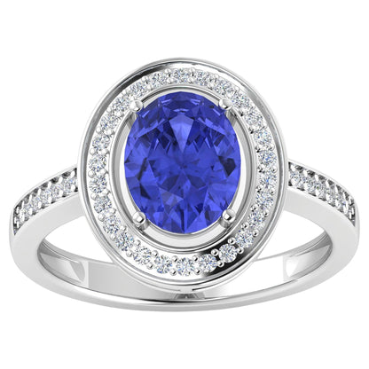 Natural Oval Tanzanite Ring Diamond Halo 14K White Gold