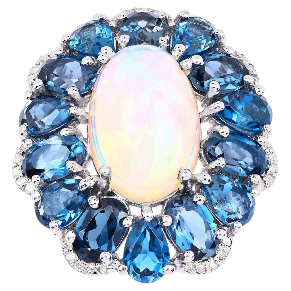 Opal Ring With London Blue Topaz 12.1 Carats Sterling Silver
