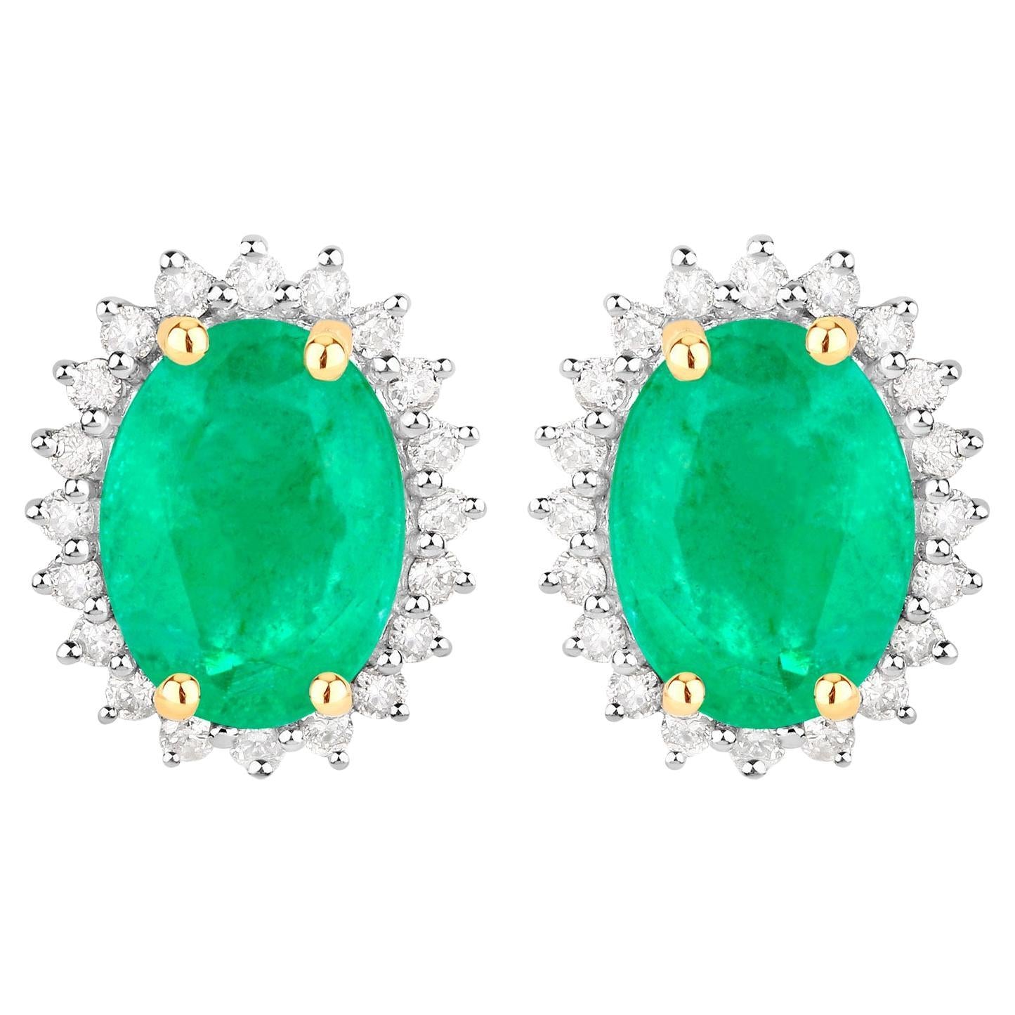 Zambian Emerald Earrings Diamonds Halo 2.65 Carats 10K Yellow Gold