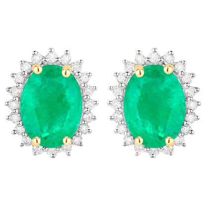 Zambian Emerald Earrings Diamonds Halo 2.65 Carats 10K Yellow Gold