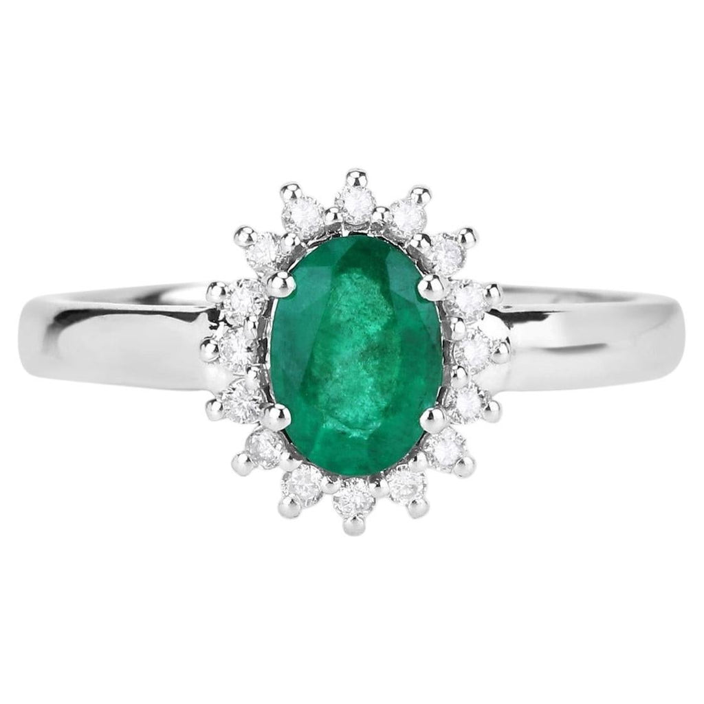 Zambian Emerald Ring With Diamonds 0.82 Carats 14K White Gold