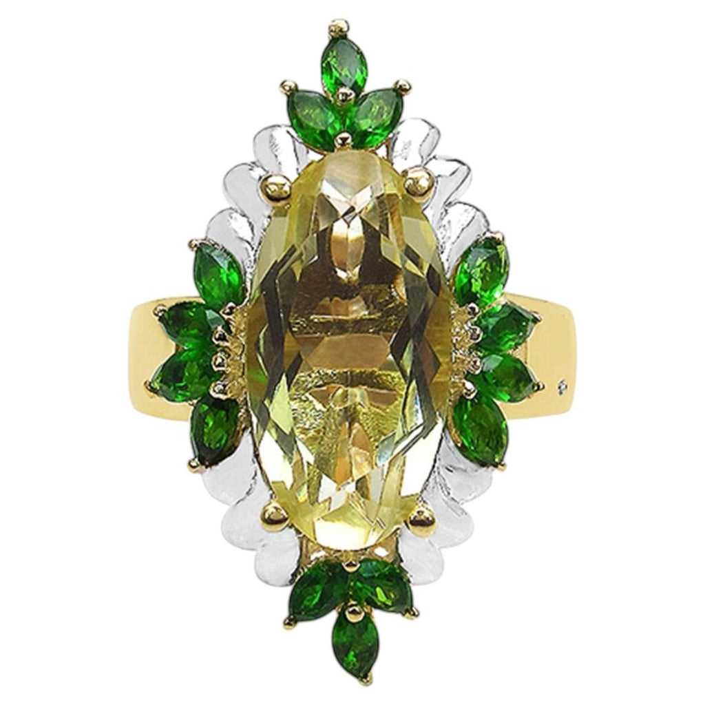 Lemon Quartz Ring With Chrome Diopside 6.28 Carats Gold Plated Silver