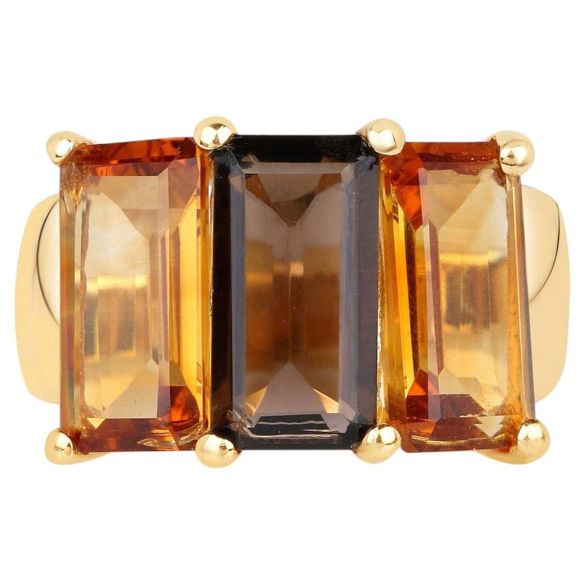 Smoky Quartz Ring With Citrine 8.08 Carats Gold Plated Silver