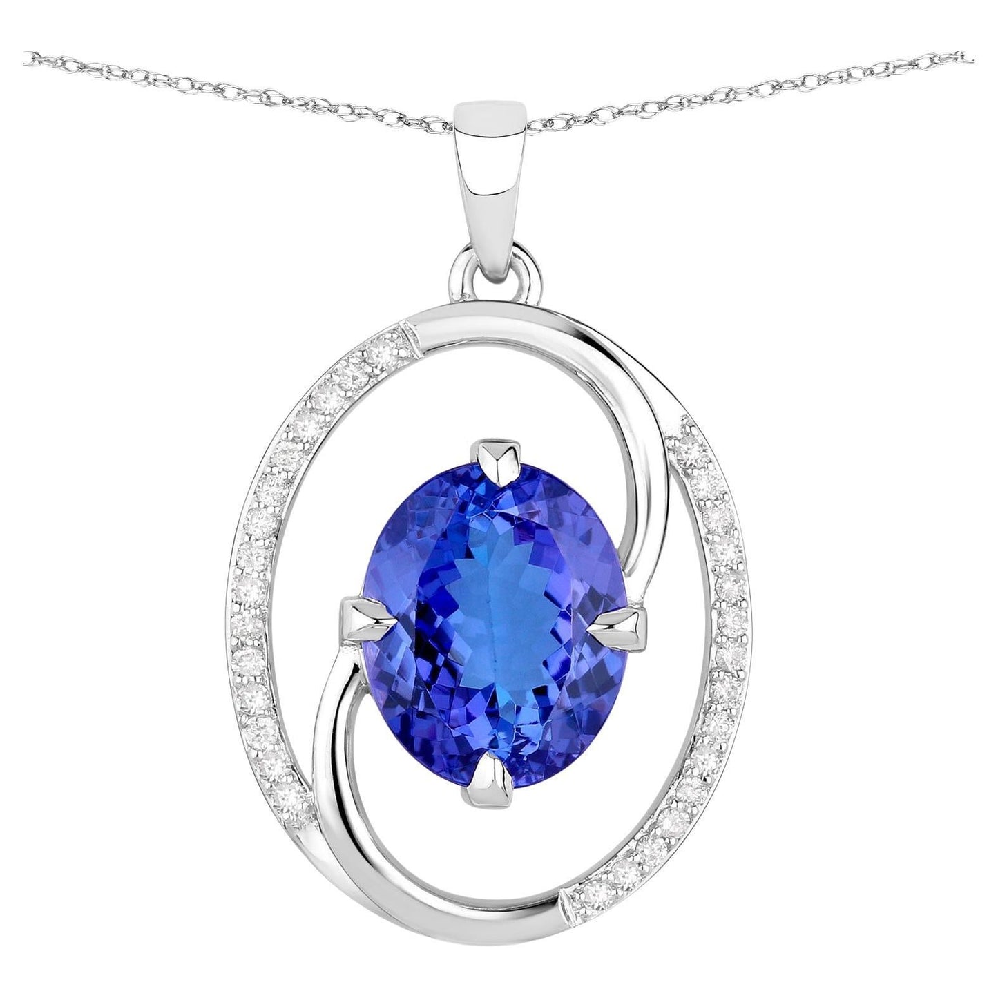 Tanzanite Pendant Necklace Diamond Setting 3.2 Carats 14K White Gold