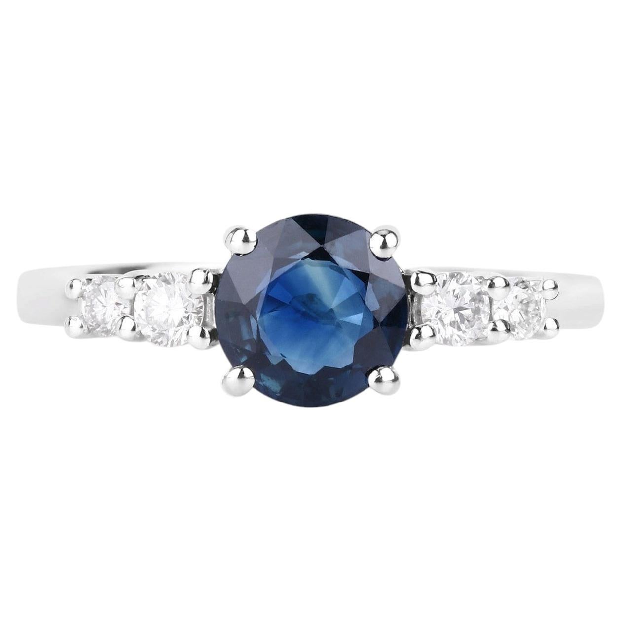Blue Sapphire Ring With Diamonds 1.32 Carats 14K White Gold