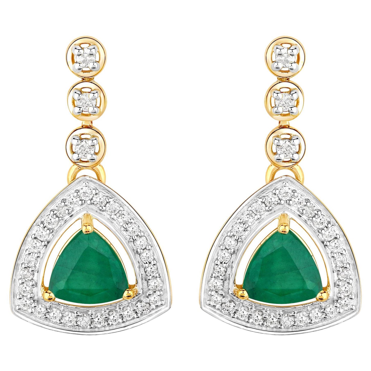 Natural Zambian Emerald and Diamond Halo Dangle Earrings 14K Yellow Gold