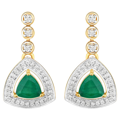 Natural Zambian Emerald and Diamond Halo Dangle Earrings 14K Yellow Gold