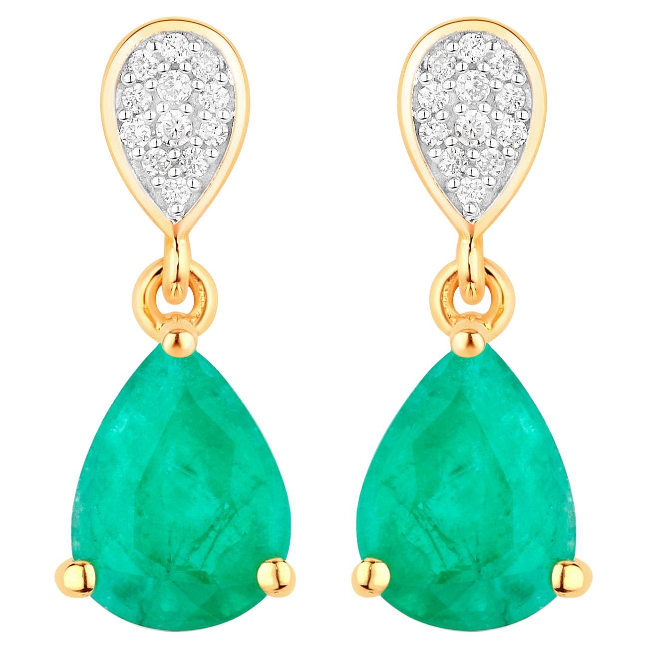 Zambian Emerald Teardrop Earrings Diamonds 2.2 Carats 14K Yellow Gold